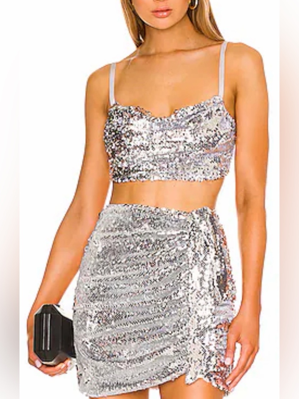 OW Collection Sequin Wrap Mini Skirt and Crop Set in Silver